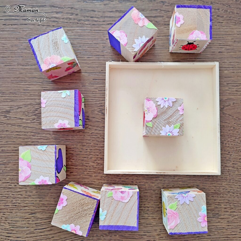 Fabriquer des cubes en bois multi-jeux : activité créative et manuelle enfants - Jeux DIY - Puzzle avec peinture et pochoirs - Morpion Insectes (abeilles et coccinelles) - Tableaux à inventer et imaginer : papiers à motifs ou peinture - Puzzle logique deux niveaux avec gommettes : papillons et fleurs - Jeux faits maison Thème Printemps - Arts visuels et Bricolage - Arts visuels et atelier Maternelle et élémentaire - Créativité - Cycle 1 ou 2 - Matériel chez Creavea - tutoriel photos - mslf