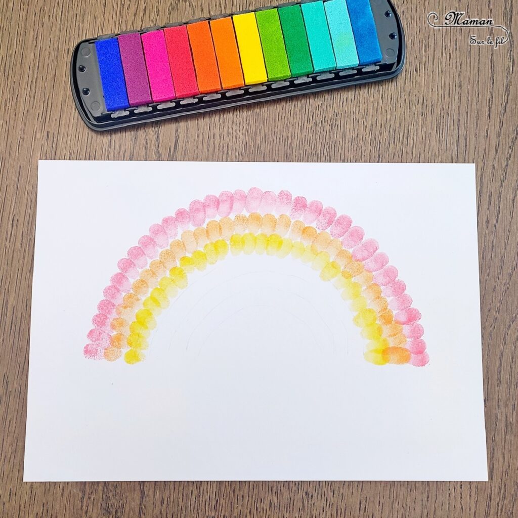 Créer un arc-en-ciel de la Saint-Patrick en empreintes de doigts : activité créative et manuelle enfants - Empreintes de doigts faites avec de l'encre pour tampons - 3 formes de coeur à la perforatrice pour créer les trèfles - Découpage, collage - Dessin et écriture - Chaudron, trésor, pièces, nuages - Arts visuels et Bricolage - Thème Trèfles, Saint-Patrick, Irlande, Géographie, autour du monde - Découverte d'un pays - Bricolage facile et rapide - Arts visuels et atelier Maternelle et élémentaire - Créativité - Cycle 1 ou 2 - tutoriel photos - mslf