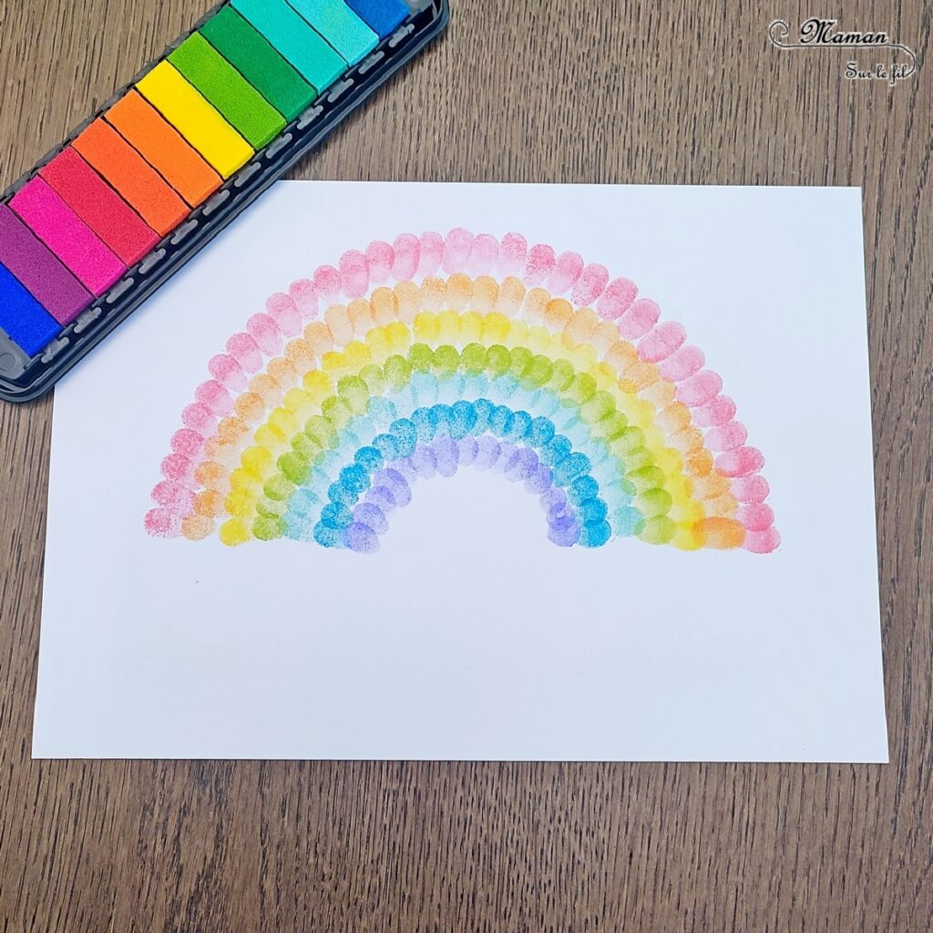 Créer un arc-en-ciel de la Saint-Patrick en empreintes de doigts : activité créative et manuelle enfants - Empreintes de doigts faites avec de l'encre pour tampons - 3 formes de coeur à la perforatrice pour créer les trèfles - Découpage, collage - Dessin et écriture - Chaudron, trésor, pièces, nuages - Arts visuels et Bricolage - Thème Trèfles, Saint-Patrick, Irlande, Géographie, autour du monde - Découverte d'un pays - Bricolage facile et rapide - Arts visuels et atelier Maternelle et élémentaire - Créativité - Cycle 1 ou 2 - tutoriel photos - mslf