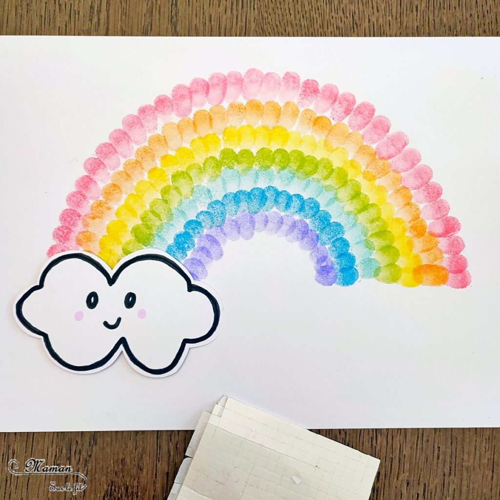 Créer un arc-en-ciel de la Saint-Patrick en empreintes de doigts : activité créative et manuelle enfants - Empreintes de doigts faites avec de l'encre pour tampons - 3 formes de coeur à la perforatrice pour créer les trèfles - Découpage, collage - Dessin et écriture - Chaudron, trésor, pièces, nuages - Arts visuels et Bricolage - Thème Trèfles, Saint-Patrick, Irlande, Géographie, autour du monde - Découverte d'un pays - Bricolage facile et rapide - Arts visuels et atelier Maternelle et élémentaire - Créativité - Cycle 1 ou 2 - tutoriel photos - mslf