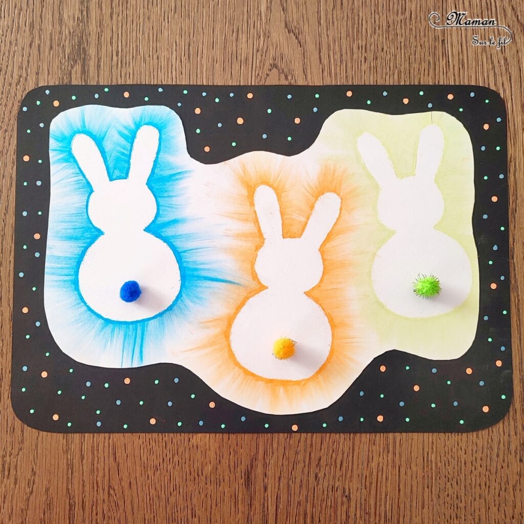 Créer des lapins de Pâques aux pastels étalés : activité créative et manuelle enfants - Technique des pastels étalés au doigt pour un effet lumineux - Pompons pour la queue et le côté mignon - Récup' de chutes de papier pour les pochoirs - Graphismes, découpage, collage - Arts visuels et Bricolage - Thème Pâques et animaux de la ferme - Bricolage facile et rapide - Arts visuels et atelier Maternelle et élémentaire - Créativité - Cycle 1 ou 2 - tutoriel photos - mslf