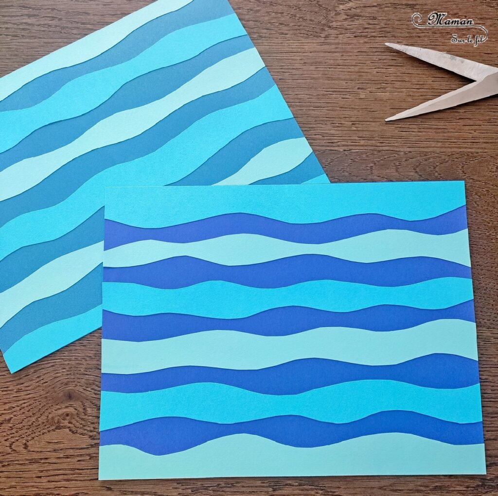 Créer des poissons graphiques sur fond bleu : activité créative et manuelle enfants - Découpage en vagues et collage de papiers bleus pour le fond - Dessin et graphismes en noir pour les poissons - Contraste entre les couleurs vives du fond et le noir et blanc des poissons - Arts visuels et Bricolage - Thème Poissons d'avril, animaux marins, 1er avril, été - Bricolage facile et rapide - Arts visuels et atelier Maternelle et élémentaire - Créativité - Cycle 1 ou 2 - tutoriel photos - mslf