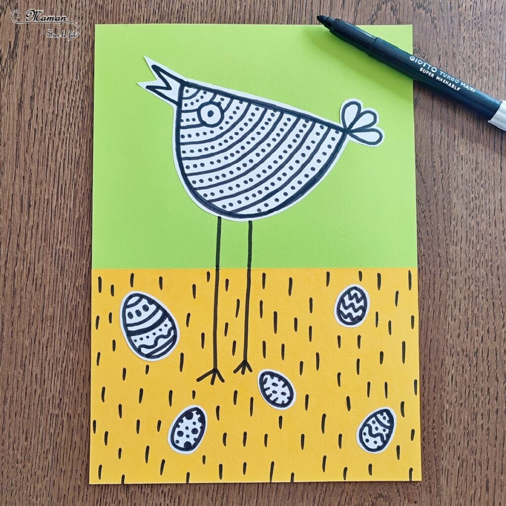 Créer des poules rigolotes de Pâques : activité créative et manuelle enfants - Découpage et collage de papiers colorés - Dessin et graphismes en noir - Contraste entre les couleurs vives du fond et le noir et blanc des poules et oeufs de Pâques - Arts visuels et Bricolage - Thème Pâques et animaux de la ferme - Bricolage facile et rapide - Arts visuels et atelier Maternelle et élémentaire - Créativité - Cycle 1 ou 2 - tutoriel photos - mslf