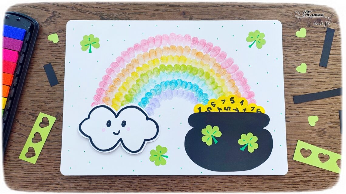 Créer un arc-en-ciel de la Saint-Patrick en empreintes de doigts : activité créative et manuelle enfants - Empreintes de doigts faites avec de l'encre pour tampons - 3 formes de coeur à la perforatrice pour créer les trèfles - Découpage, collage - Dessin et écriture - Chaudron, trésor, pièces, nuages - Arts visuels et Bricolage - Thème Trèfles, Saint-Patrick, Irlande, Géographie, autour du monde - Découverte d'un pays - Bricolage facile et rapide - Arts visuels et atelier Maternelle et élémentaire - Créativité - Cycle 1 ou 2 - tutoriel photos - mslf