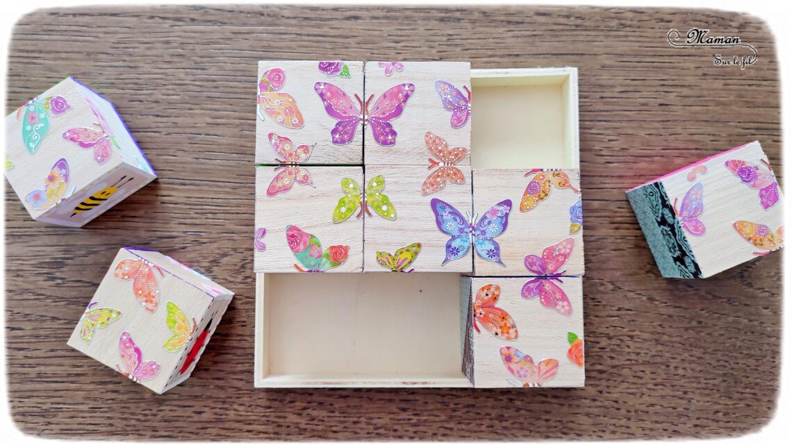 Fabriquer des cubes en bois multi-jeux : activité créative et manuelle enfants - Jeux DIY - Puzzle avec peinture et pochoirs - Morpion Insectes (abeilles et coccinelles) - Tableaux à inventer et imaginer : papiers à motifs ou peinture - Puzzle logique deux niveaux avec gommettes : papillons et fleurs - Jeux faits maison Thème Printemps - Arts visuels et Bricolage - Arts visuels et atelier Maternelle et élémentaire - Créativité - Cycle 1 ou 2 - Matériel chez Creavea - tutoriel photos - mslf