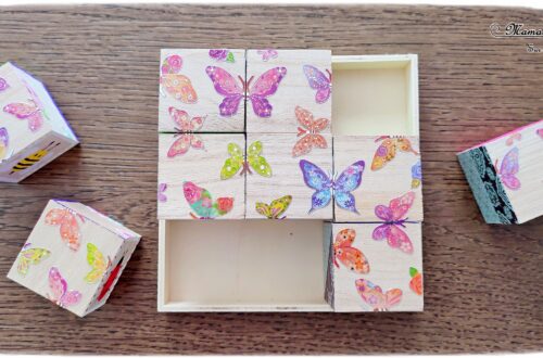 Fabriquer des cubes en bois multi-jeux : activité créative et manuelle enfants - Jeux DIY - Puzzle avec peinture et pochoirs - Morpion Insectes (abeilles et coccinelles) - Tableaux à inventer et imaginer : papiers à motifs ou peinture - Puzzle logique deux niveaux avec gommettes : papillons et fleurs - Jeux faits maison Thème Printemps - Arts visuels et Bricolage - Arts visuels et atelier Maternelle et élémentaire - Créativité - Cycle 1 ou 2 - Matériel chez Creavea - tutoriel photos - mslf