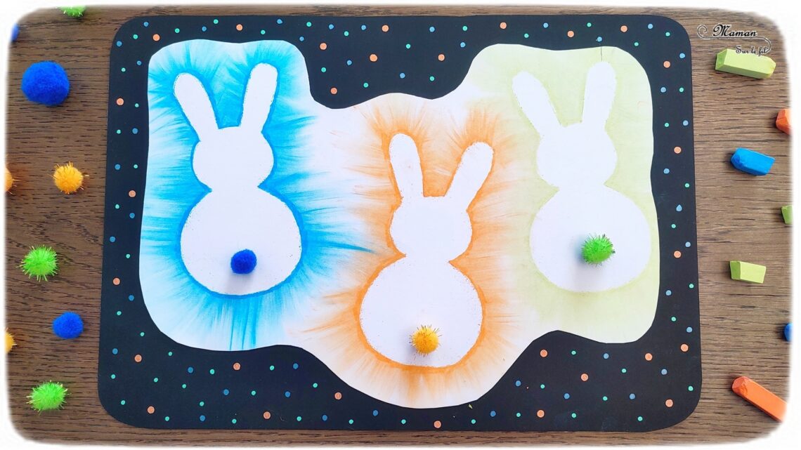 Créer des lapins de Pâques aux pastels étalés : activité créative et manuelle enfants - Technique des pastels étalés au doigt pour un effet lumineux - Pompons pour la queue et le côté mignon - Récup' de chutes de papier pour les pochoirs - Graphismes, découpage, collage - Arts visuels et Bricolage - Thème Pâques et animaux de la ferme - Bricolage facile et rapide - Arts visuels et atelier Maternelle et élémentaire - Créativité - Cycle 1 ou 2 - tutoriel photos - mslf