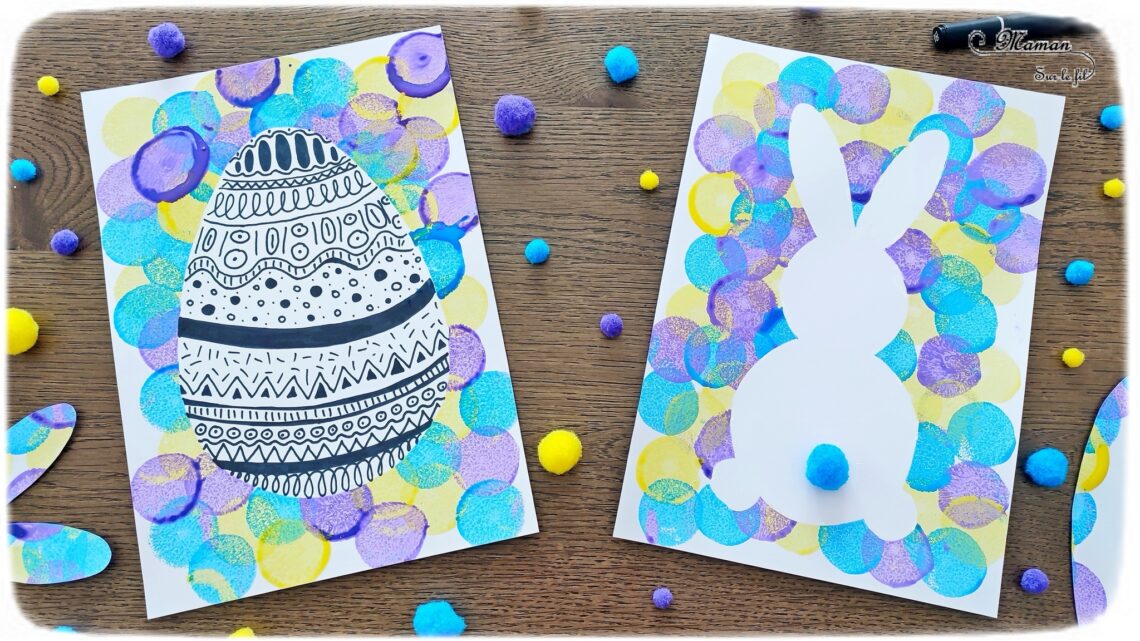 Peindre un lapin et un oeuf de Pâques en peinture au tampon : activité créative et manuelle enfants - Technique de peinture avec un pochoir en papier, de la peinture et des tampons - Silhouette blanche - Pompon pour la queue du lapin - Graphismes noirs pour les décors de l'oeuf de Pâques - Technique de peinture facile et ludique - Arts visuels et Bricolage - Thème Pâques et animaux de la ferme - Bricolage facile et rapide - Arts visuels et atelier Maternelle et élémentaire - Créativité - Cycle 1 ou 2 - tutoriel photos et vidéo - mslf