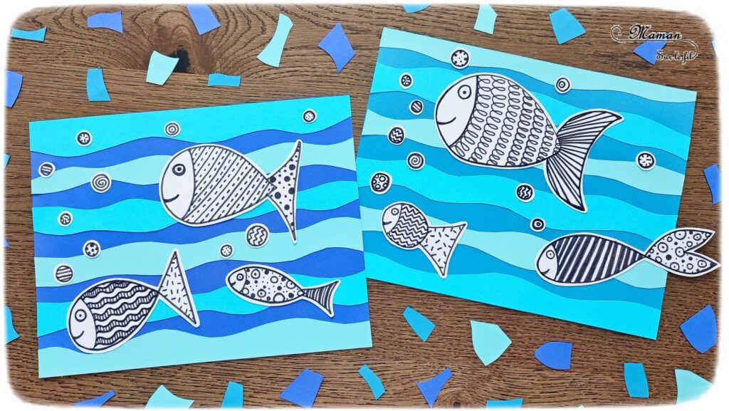 Créer des poissons graphiques sur fond bleu : activité créative et manuelle enfants - Découpage en vagues et collage de papiers bleus pour le fond - Dessin et graphismes en noir pour les poissons - Contraste entre les couleurs vives du fond et le noir et blanc des poissons - Arts visuels et Bricolage - Thème Poissons d'avril, animaux marins, 1er avril, été - Bricolage facile et rapide - Arts visuels et atelier Maternelle et élémentaire - Créativité - Cycle 1 ou 2 - tutoriel photos - mslf