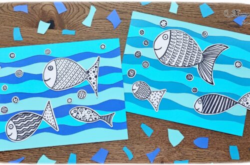 Créer des poissons graphiques sur fond bleu : activité créative et manuelle enfants - Découpage en vagues et collage de papiers bleus pour le fond - Dessin et graphismes en noir pour les poissons - Contraste entre les couleurs vives du fond et le noir et blanc des poissons - Arts visuels et Bricolage - Thème Poissons d'avril, animaux marins, 1er avril, été - Bricolage facile et rapide - Arts visuels et atelier Maternelle et élémentaire - Créativité - Cycle 1 ou 2 - tutoriel photos - mslf