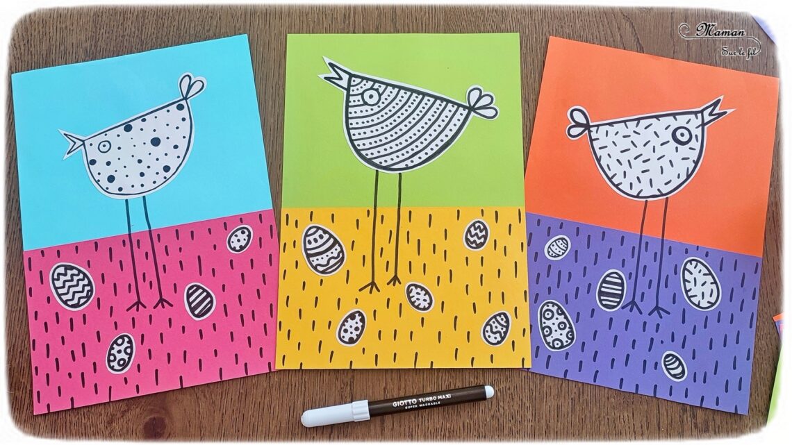 Créer des poules rigolotes de Pâques : activité créative et manuelle enfants - Découpage et collage de papiers colorés - Dessin et graphismes en noir - Contraste entre les couleurs vives du fond et le noir et blanc des poules et oeufs de Pâques - Arts visuels et Bricolage - Thème Pâques et animaux de la ferme - Bricolage facile et rapide - Arts visuels et atelier Maternelle et élémentaire - Créativité - Cycle 1 ou 2 - tutoriel photos - mslf