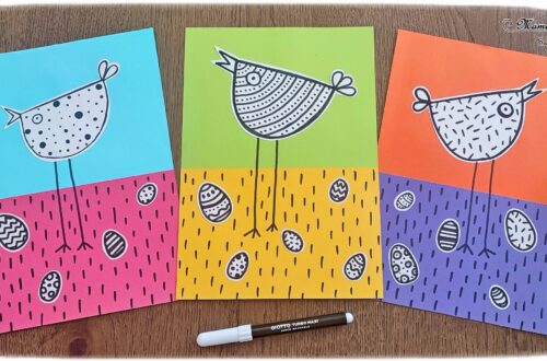 Créer des poules rigolotes de Pâques : activité créative et manuelle enfants - Découpage et collage de papiers colorés - Dessin et graphismes en noir - Contraste entre les couleurs vives du fond et le noir et blanc des poules et oeufs de Pâques - Arts visuels et Bricolage - Thème Pâques et animaux de la ferme - Bricolage facile et rapide - Arts visuels et atelier Maternelle et élémentaire - Créativité - Cycle 1 ou 2 - tutoriel photos - mslf