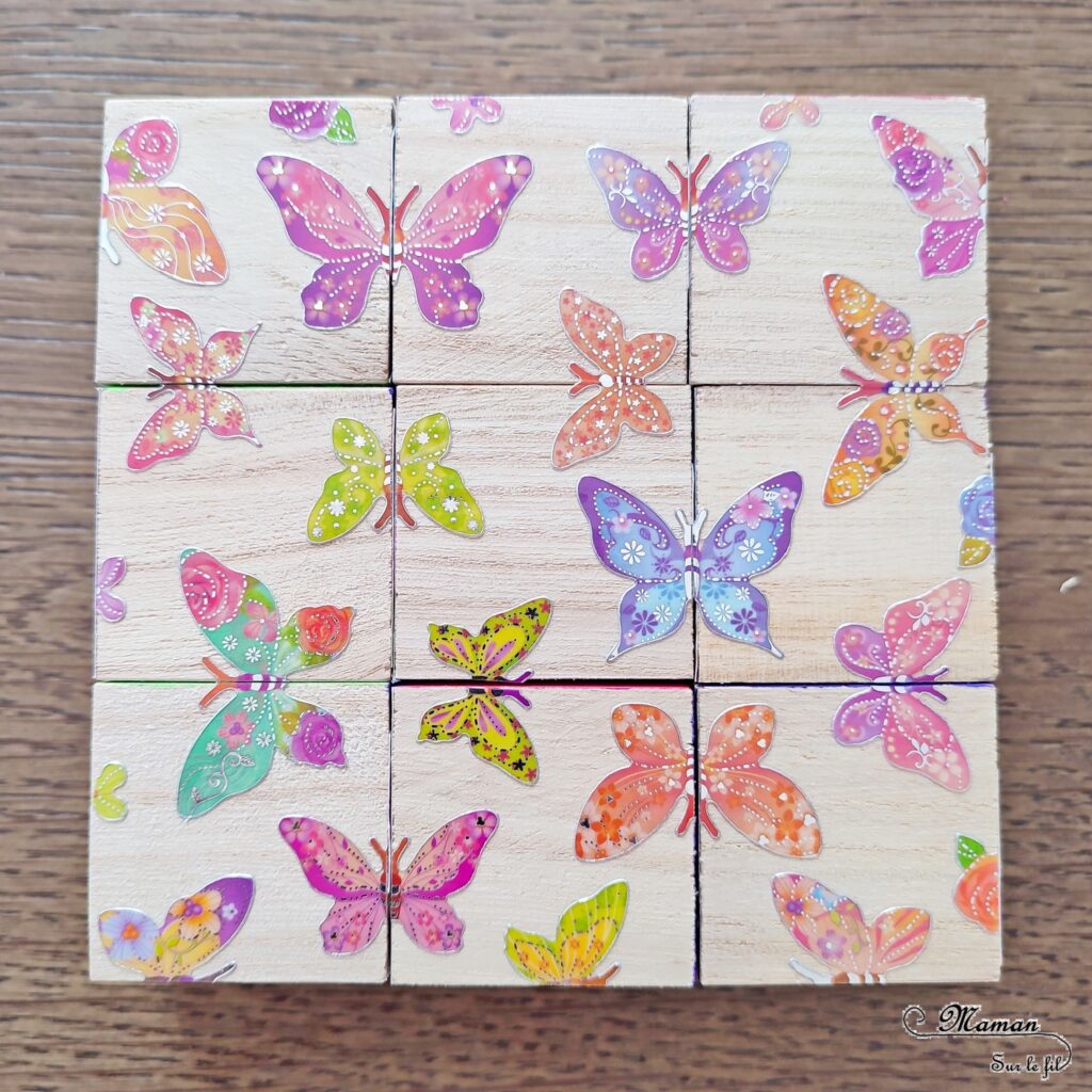 Fabriquer des cubes en bois multi-jeux : activité créative et manuelle enfants - Jeux DIY - Puzzle avec peinture et pochoirs - Morpion Insectes (abeilles et coccinelles) - Tableaux à inventer et imaginer : papiers à motifs ou peinture - Puzzle logique deux niveaux avec gommettes : papillons et fleurs - Jeux faits maison Thème Printemps - Arts visuels et Bricolage - Arts visuels et atelier Maternelle et élémentaire - Créativité - Cycle 1 ou 2 - Matériel chez Creavea - tutoriel photos - mslf