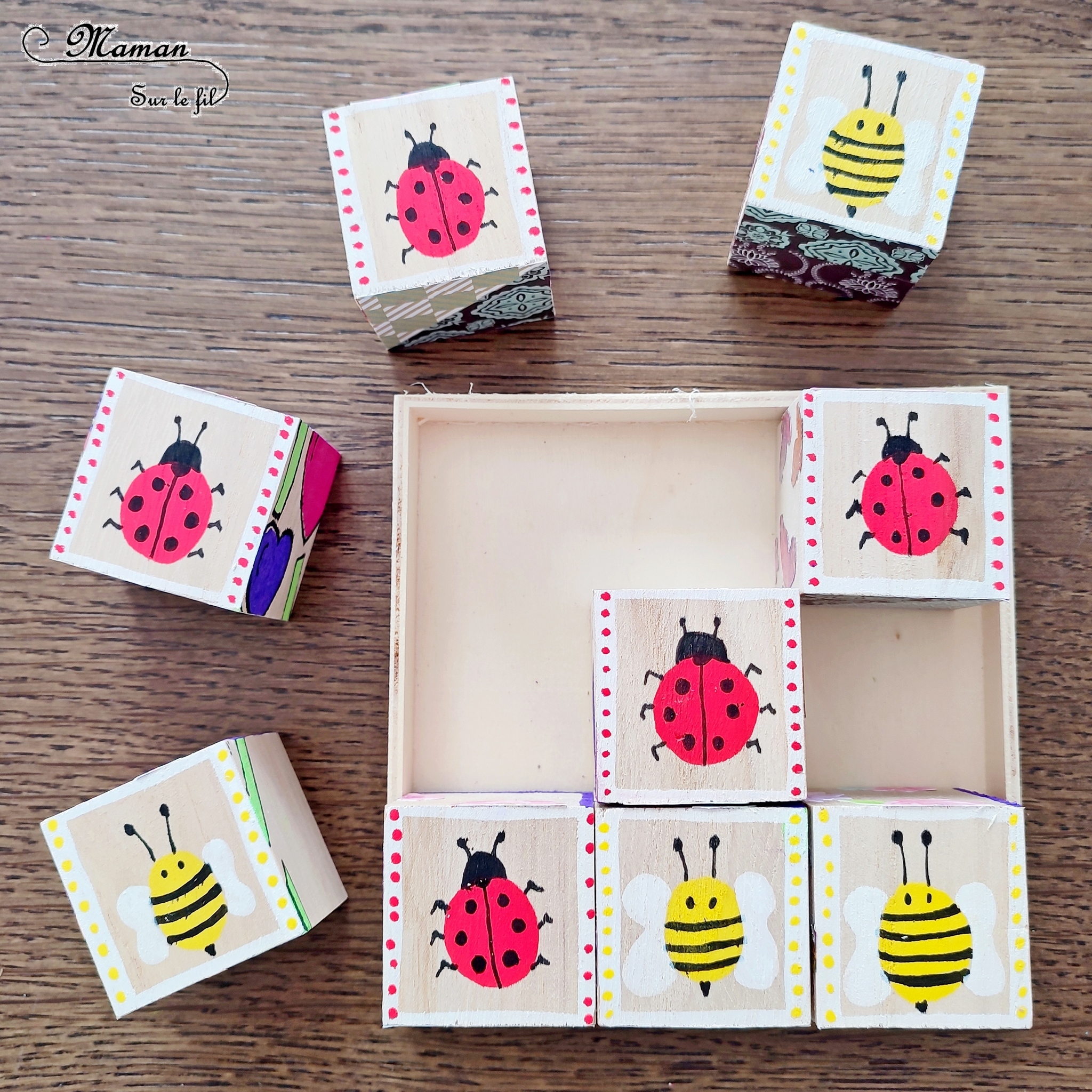 Fabriquer des cubes en bois multi-jeux : activité créative et manuelle enfants - Jeux DIY - Puzzle avec peinture et pochoirs - Morpion Insectes (abeilles et coccinelles) - Tableaux à inventer et imaginer : papiers à motifs ou peinture - Puzzle logique deux niveaux avec gommettes : papillons et fleurs - Jeux faits maison Thème Printemps - Arts visuels et Bricolage - Arts visuels et atelier Maternelle et élémentaire - Créativité - Cycle 1 ou 2 - Matériel chez Creavea - tutoriel photos - mslf