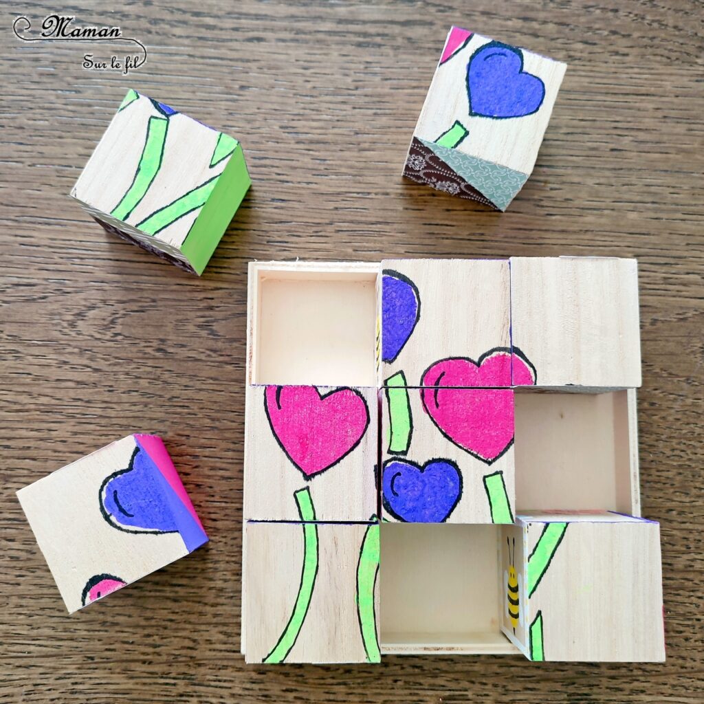 Fabriquer des cubes en bois multi-jeux : activité créative et manuelle enfants - Jeux DIY - Puzzle avec peinture et pochoirs - Morpion Insectes (abeilles et coccinelles) - Tableaux à inventer et imaginer : papiers à motifs ou peinture - Puzzle logique deux niveaux avec gommettes : papillons et fleurs - Jeux faits maison Thème Printemps - Arts visuels et Bricolage - Arts visuels et atelier Maternelle et élémentaire - Créativité - Cycle 1 ou 2 - Matériel chez Creavea - tutoriel photos - mslf