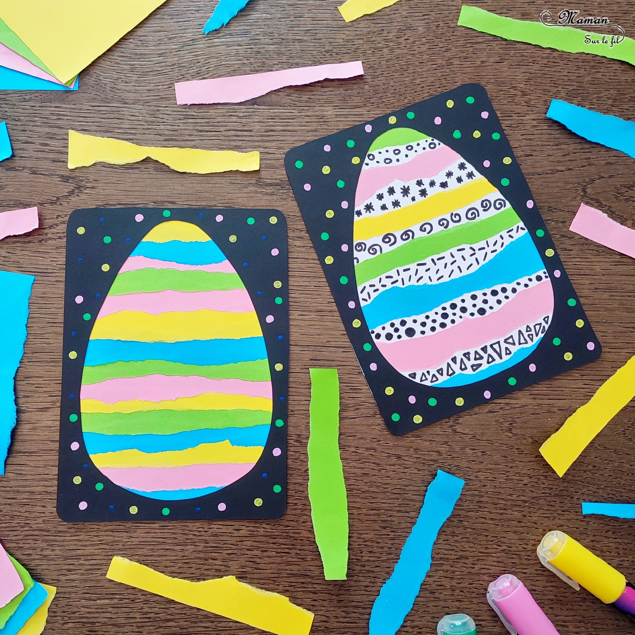 Créer des oeufs de Pâques en papier déchiré et graphismes : activité créative, récup' et manuelle enfants - Bandes de papier déchiré - Déchirage et collage - Pochoir noir pour contraste avec couleurs - Graphismes et dessins noirs - Recyclage, surcyclage, récup' de chutes de papier - Arts visuels et Bricolage - Thème Pâques et Ferme - Bricolage facile et rapide - Arts visuels et atelier Maternelle et élémentaire - Créativité - Cycle 1 ou 2 - tutoriel photos - mslf