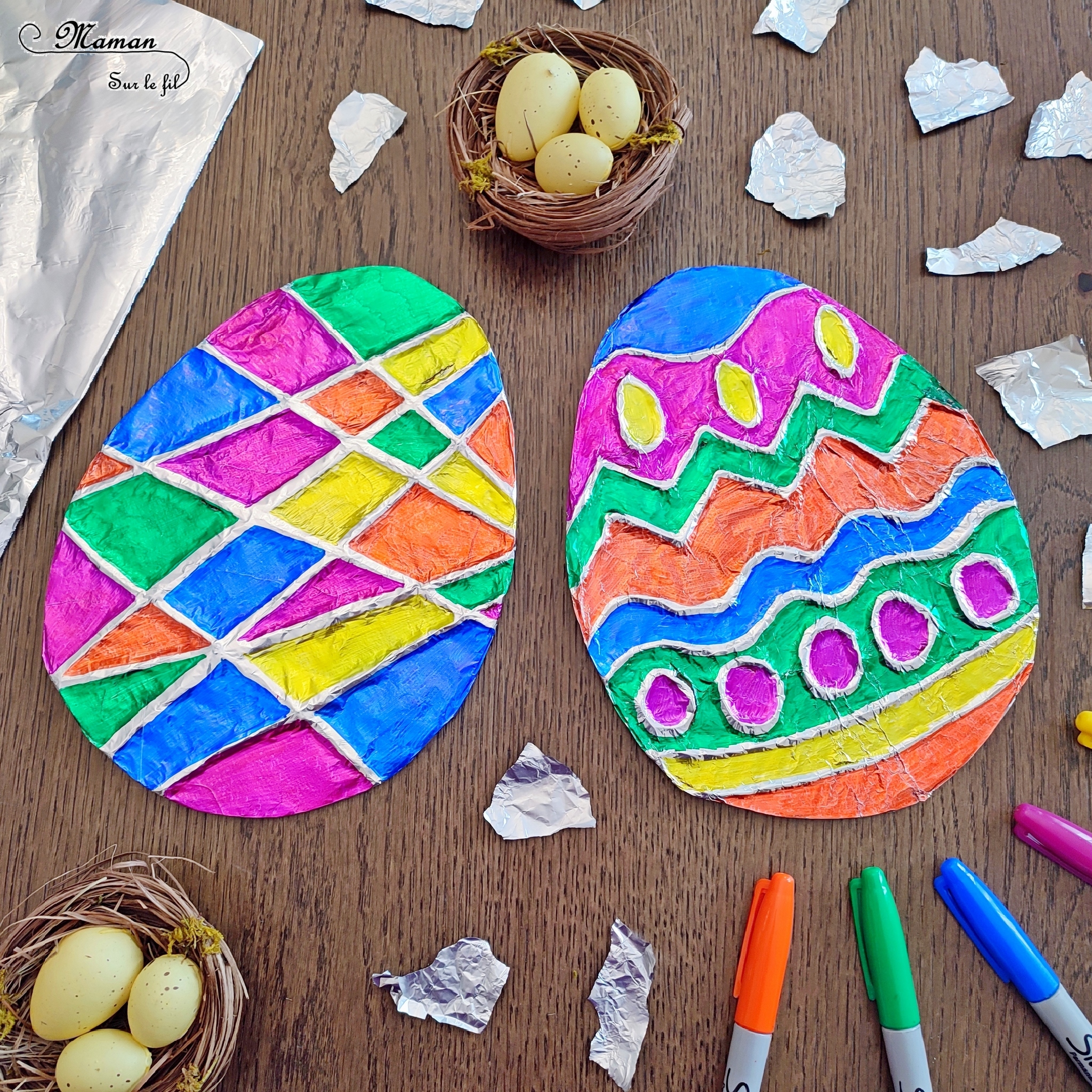 Créer des oeufs de Pâques en carton et aluminium : activité créative, récup' et manuelle enfants - Relief créé sur le carton avec un pistolet à colle chaude - Aluminimu et feutres à alcool permanent pour le coloriage - Effet en relief et brillant - Recyclage, surcyclage - Arts visuels et Bricolage - Thème Pâques et Ferme - Bricolage facile et rapide - Arts visuels et atelier Maternelle et élémentaire - Créativité - Cycle 1 ou 2 - tutoriel photos - mslf