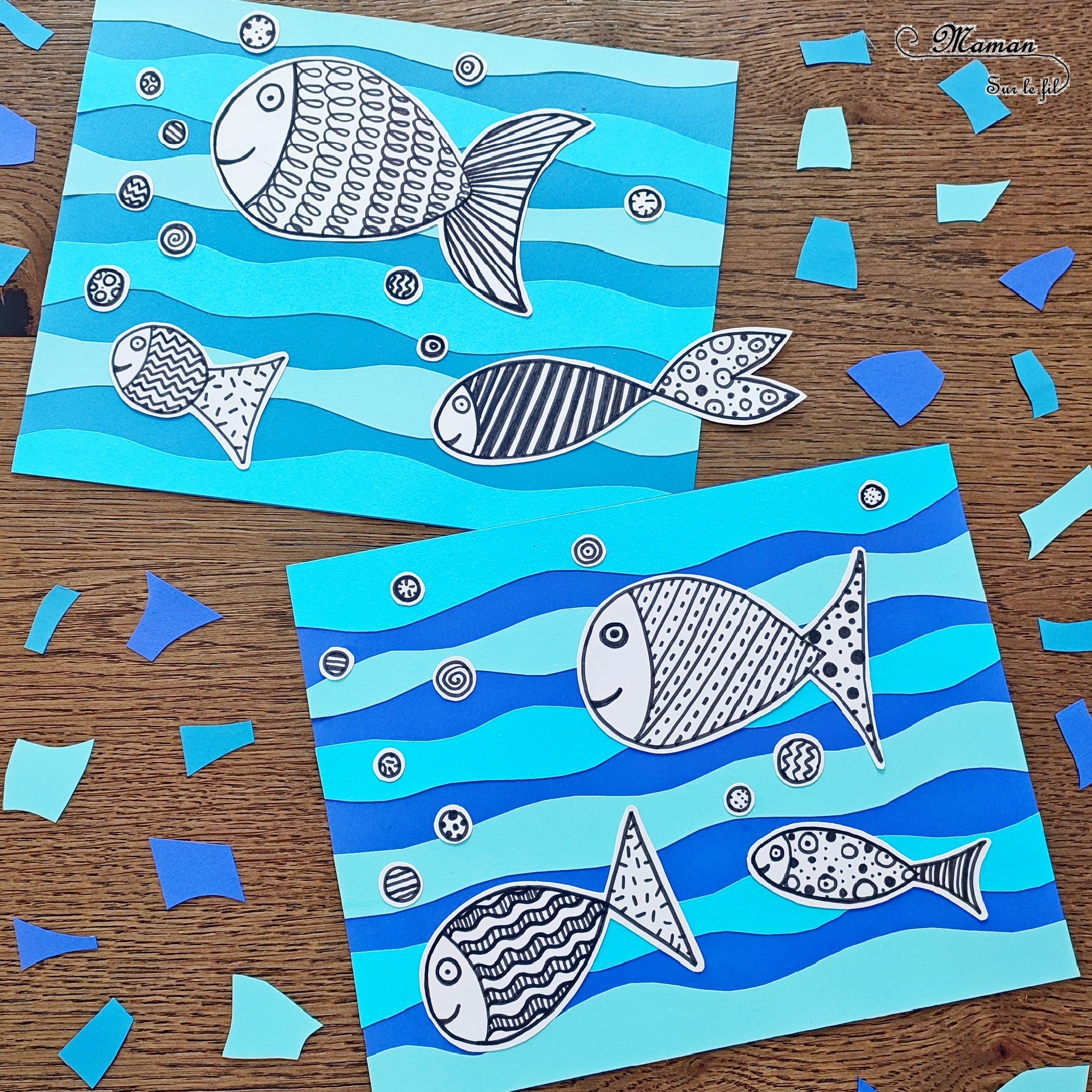 Créer des poissons graphiques sur fond bleu : activité créative et manuelle enfants - Découpage en vagues et collage de papiers bleus pour le fond - Dessin et graphismes en noir pour les poissons - Contraste entre les couleurs vives du fond et le noir et blanc des poissons - Arts visuels et Bricolage - Thème Poissons d'avril, animaux marins, 1er avril, été - Bricolage facile et rapide - Arts visuels et atelier Maternelle et élémentaire - Créativité - Cycle 1 ou 2 - tutoriel photos - mslf