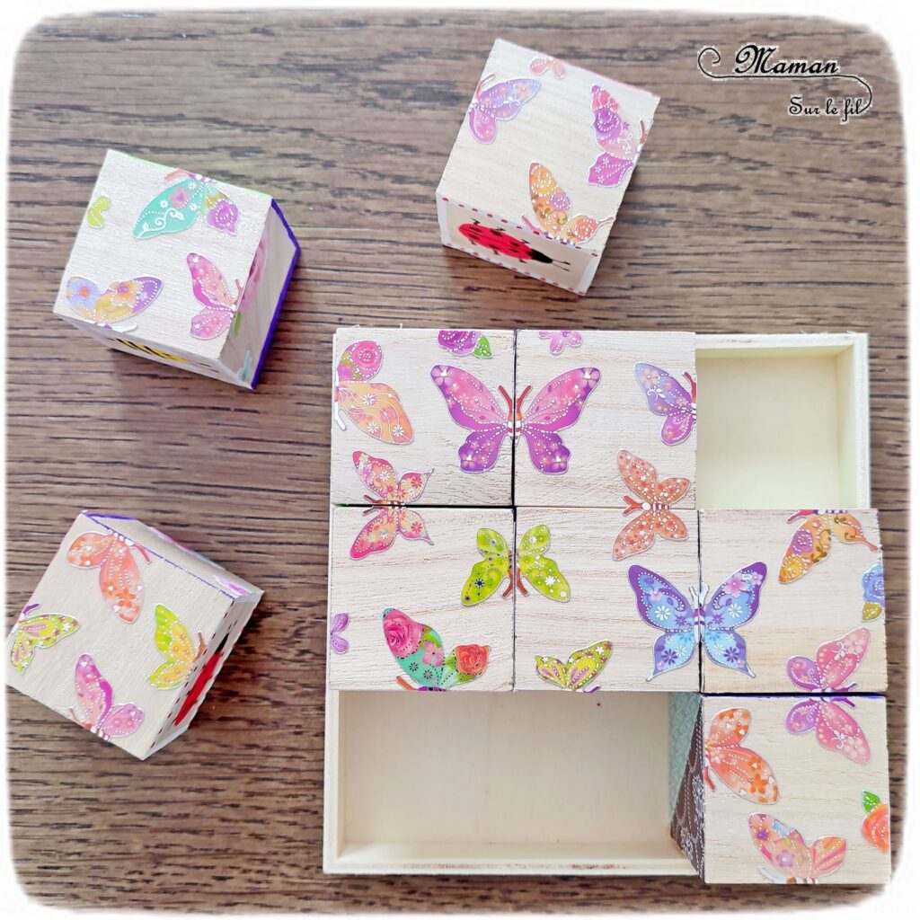 Fabriquer des cubes en bois multi-jeux : activité créative et manuelle enfants - Jeux DIY - Puzzle avec peinture et pochoirs - Morpion Insectes (abeilles et coccinelles) - Tableaux à inventer et imaginer : papiers à motifs ou peinture - Puzzle logique deux niveaux avec gommettes : papillons et fleurs - Jeux faits maison Thème Printemps - Arts visuels et Bricolage - Arts visuels et atelier Maternelle et élémentaire - Créativité - Cycle 1 ou 2 - Matériel chez Creavea - tutoriel photos - mslf