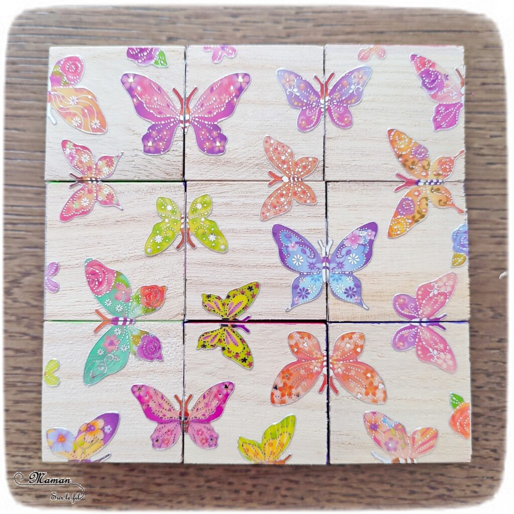 Fabriquer des cubes en bois multi-jeux : activité créative et manuelle enfants - Jeux DIY - Puzzle avec peinture et pochoirs - Morpion Insectes (abeilles et coccinelles) - Tableaux à inventer et imaginer : papiers à motifs ou peinture - Puzzle logique deux niveaux avec gommettes : papillons et fleurs - Jeux faits maison Thème Printemps - Arts visuels et Bricolage - Arts visuels et atelier Maternelle et élémentaire - Créativité - Cycle 1 ou 2 - Matériel chez Creavea - tutoriel photos - mslf