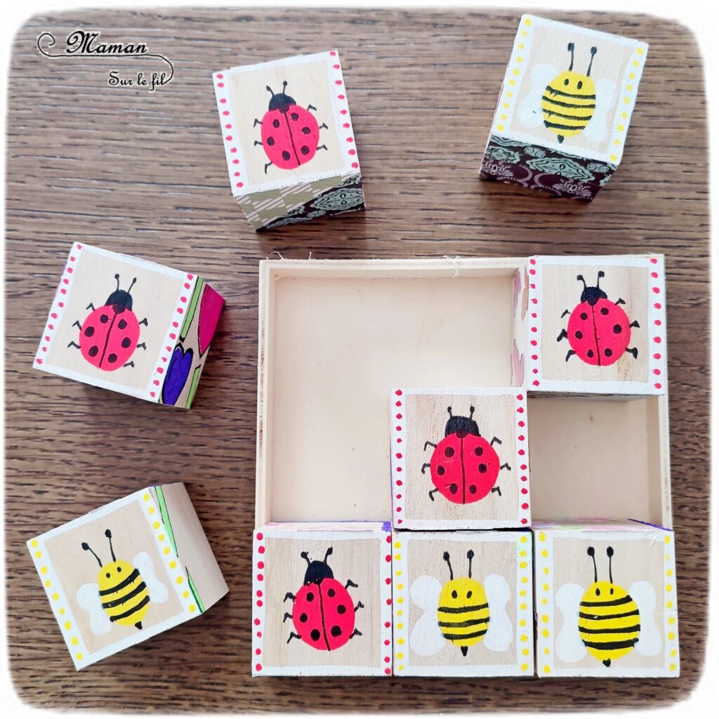 Fabriquer des cubes en bois multi-jeux : activité créative et manuelle enfants - Jeux DIY - Puzzle avec peinture et pochoirs - Morpion Insectes (abeilles et coccinelles) - Tableaux à inventer et imaginer : papiers à motifs ou peinture - Puzzle logique deux niveaux avec gommettes : papillons et fleurs - Jeux faits maison Thème Printemps - Arts visuels et Bricolage - Arts visuels et atelier Maternelle et élémentaire - Créativité - Cycle 1 ou 2 - Matériel chez Creavea - tutoriel photos - mslf