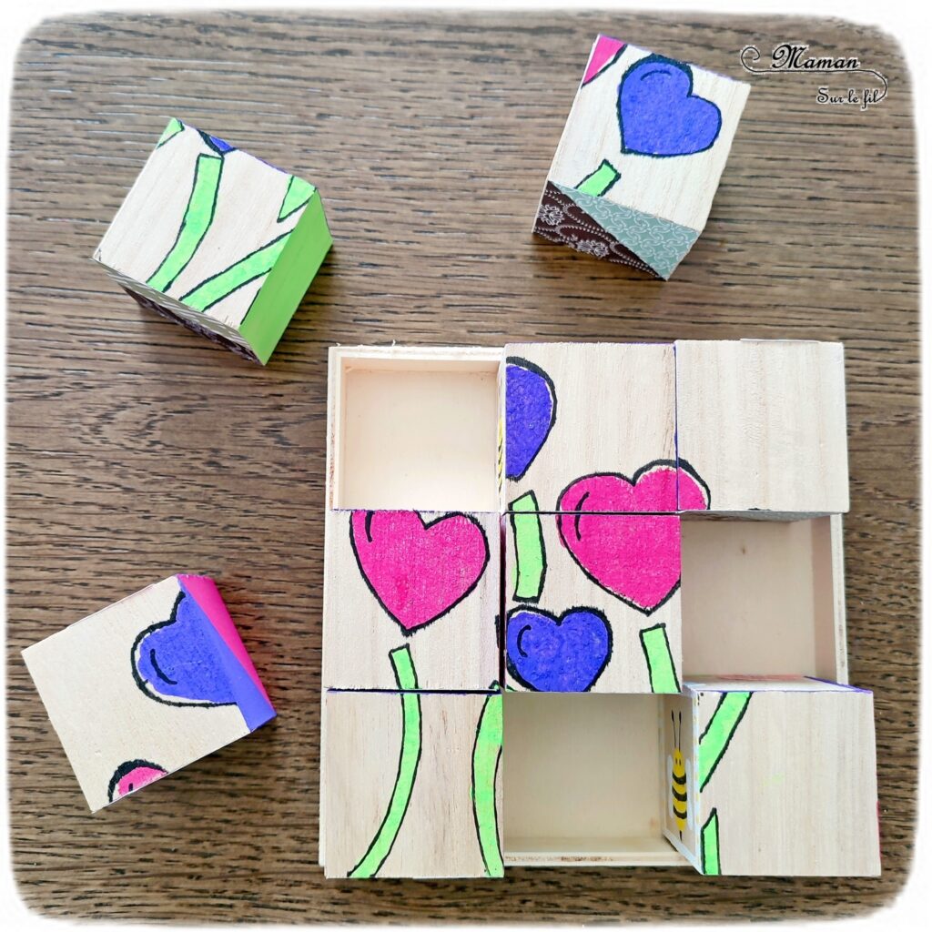 Fabriquer des cubes en bois multi-jeux : activité créative et manuelle enfants - Jeux DIY - Puzzle avec peinture et pochoirs - Morpion Insectes (abeilles et coccinelles) - Tableaux à inventer et imaginer : papiers à motifs ou peinture - Puzzle logique deux niveaux avec gommettes : papillons et fleurs - Jeux faits maison Thème Printemps - Arts visuels et Bricolage - Arts visuels et atelier Maternelle et élémentaire - Créativité - Cycle 1 ou 2 - Matériel chez Creavea - tutoriel photos - mslf