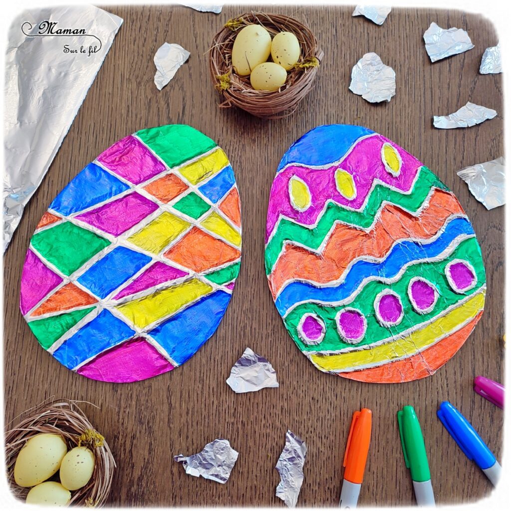 Créer des oeufs de Pâques en carton et aluminium : activité créative, récup' et manuelle enfants - Relief créé sur le carton avec un pistolet à colle chaude - Aluminimu et feutres à alcool permanent pour le coloriage - Effet en relief et brillant - Recyclage, surcyclage - Arts visuels et Bricolage - Thème Pâques et Ferme - Bricolage facile et rapide - Arts visuels et atelier Maternelle et élémentaire - Créativité - Cycle 1 ou 2 - tutoriel photos - mslf