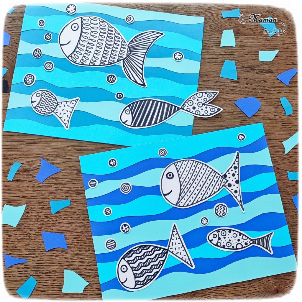 Créer des poissons graphiques sur fond bleu : activité créative et manuelle enfants - Découpage en vagues et collage de papiers bleus pour le fond - Dessin et graphismes en noir pour les poissons - Contraste entre les couleurs vives du fond et le noir et blanc des poissons - Arts visuels et Bricolage - Thème Poissons d'avril, animaux marins, 1er avril, été - Bricolage facile et rapide - Arts visuels et atelier Maternelle et élémentaire - Créativité - Cycle 1 ou 2 - tutoriel photos - mslf