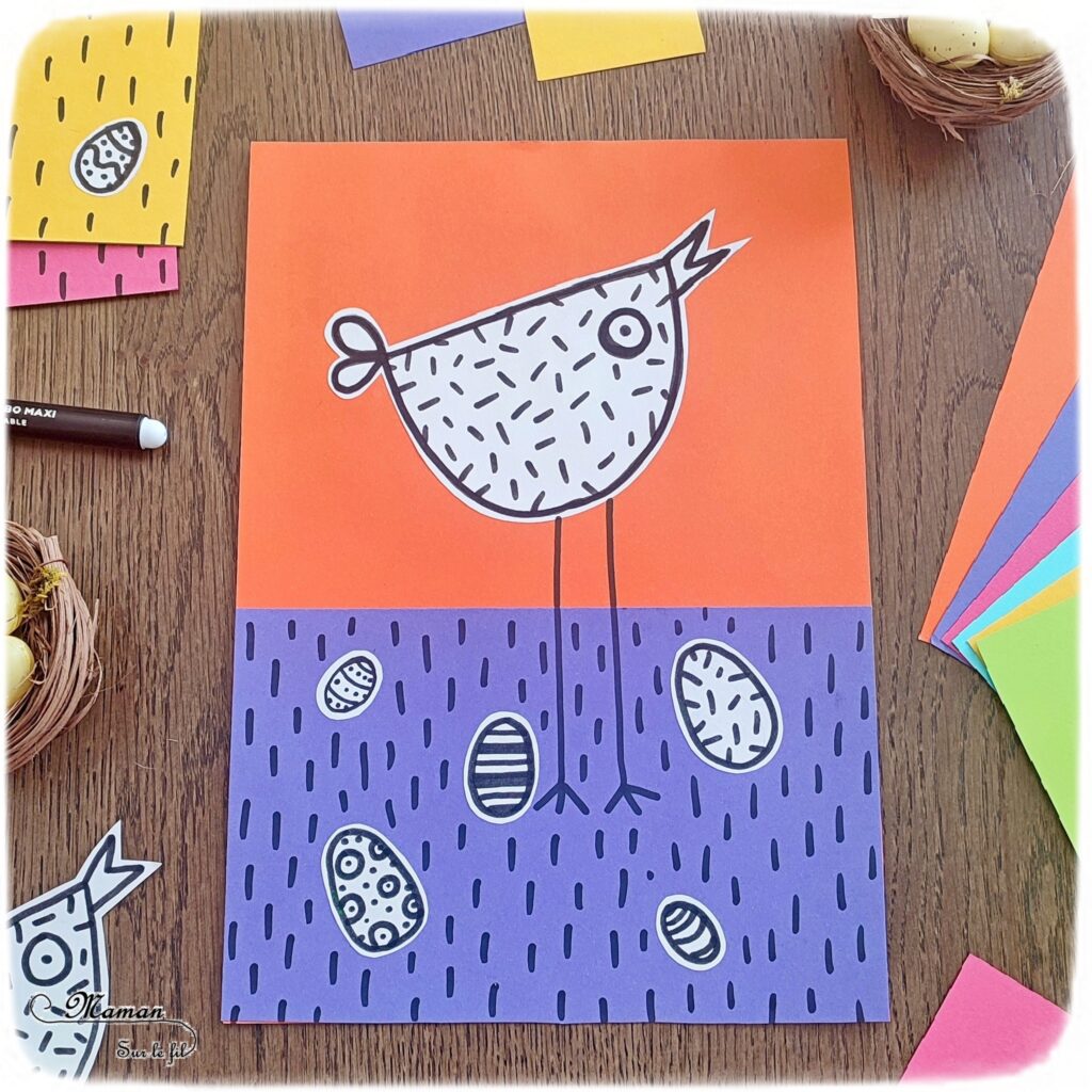 Créer des poules rigolotes de Pâques : activité créative et manuelle enfants - Découpage et collage de papiers colorés - Dessin et graphismes en noir - Contraste entre les couleurs vives du fond et le noir et blanc des poules et oeufs de Pâques - Arts visuels et Bricolage - Thème Pâques et animaux de la ferme - Bricolage facile et rapide - Arts visuels et atelier Maternelle et élémentaire - Créativité - Cycle 1 ou 2 - tutoriel photos - mslf