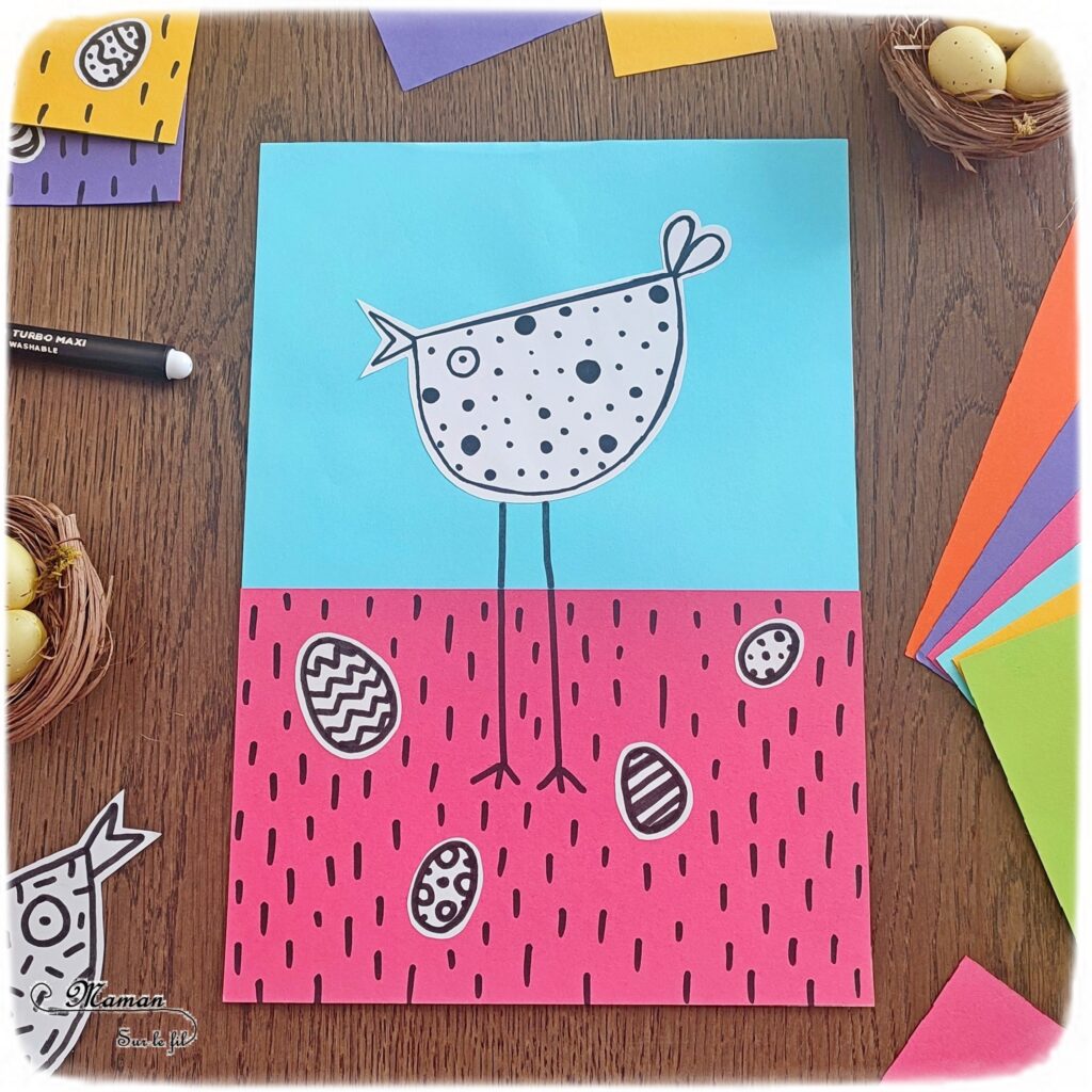 Créer des poules rigolotes de Pâques : activité créative et manuelle enfants - Découpage et collage de papiers colorés - Dessin et graphismes en noir - Contraste entre les couleurs vives du fond et le noir et blanc des poules et oeufs de Pâques - Arts visuels et Bricolage - Thème Pâques et animaux de la ferme - Bricolage facile et rapide - Arts visuels et atelier Maternelle et élémentaire - Créativité - Cycle 1 ou 2 - tutoriel photos - mslf