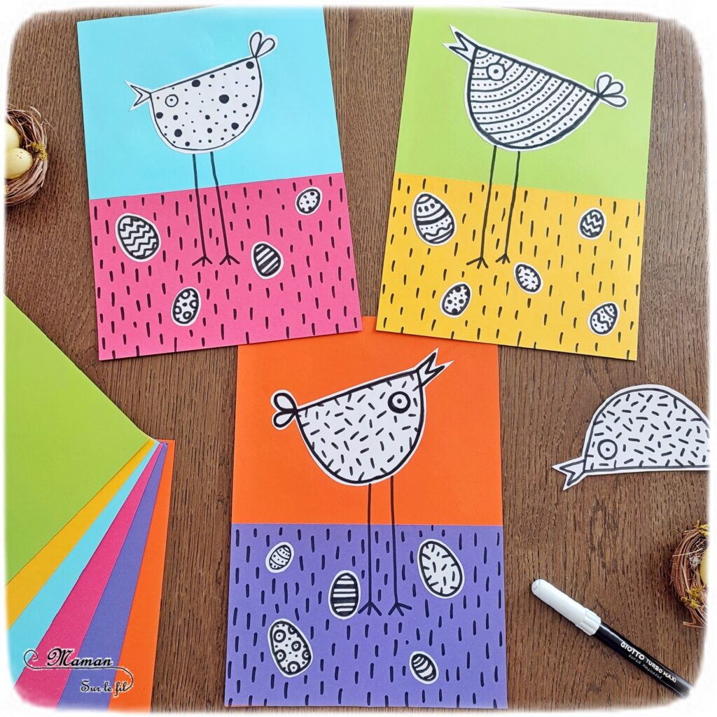 Créer des poules rigolotes de Pâques : activité créative et manuelle enfants - Découpage et collage de papiers colorés - Dessin et graphismes en noir - Contraste entre les couleurs vives du fond et le noir et blanc des poules et oeufs de Pâques - Arts visuels et Bricolage - Thème Pâques et animaux de la ferme - Bricolage facile et rapide - Arts visuels et atelier Maternelle et élémentaire - Créativité - Cycle 1 ou 2 - tutoriel photos - mslf