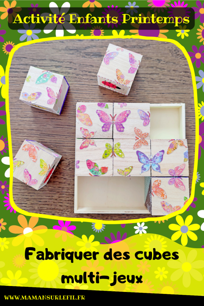 Fabriquer des cubes en bois multi-jeux : activité créative et manuelle enfants - Jeux DIY - Puzzle avec peinture et pochoirs - Morpion Insectes (abeilles et coccinelles) - Tableaux à inventer et imaginer : papiers à motifs ou peinture - Puzzle logique deux niveaux avec gommettes : papillons et fleurs - Jeux faits maison Thème Printemps - Arts visuels et Bricolage - Arts visuels et atelier Maternelle et élémentaire - Créativité - Cycle 1 ou 2 - Matériel chez Creavea - tutoriel photos - mslf