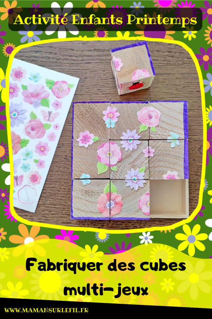 Fabriquer des cubes en bois multi-jeux : activité créative et manuelle enfants - Jeux DIY - Puzzle avec peinture et pochoirs - Morpion Insectes (abeilles et coccinelles) - Tableaux à inventer et imaginer : papiers à motifs ou peinture - Puzzle logique deux niveaux avec gommettes : papillons et fleurs - Jeux faits maison Thème Printemps - Arts visuels et Bricolage - Arts visuels et atelier Maternelle et élémentaire - Créativité - Cycle 1 ou 2 - Matériel chez Creavea - tutoriel photos - mslf