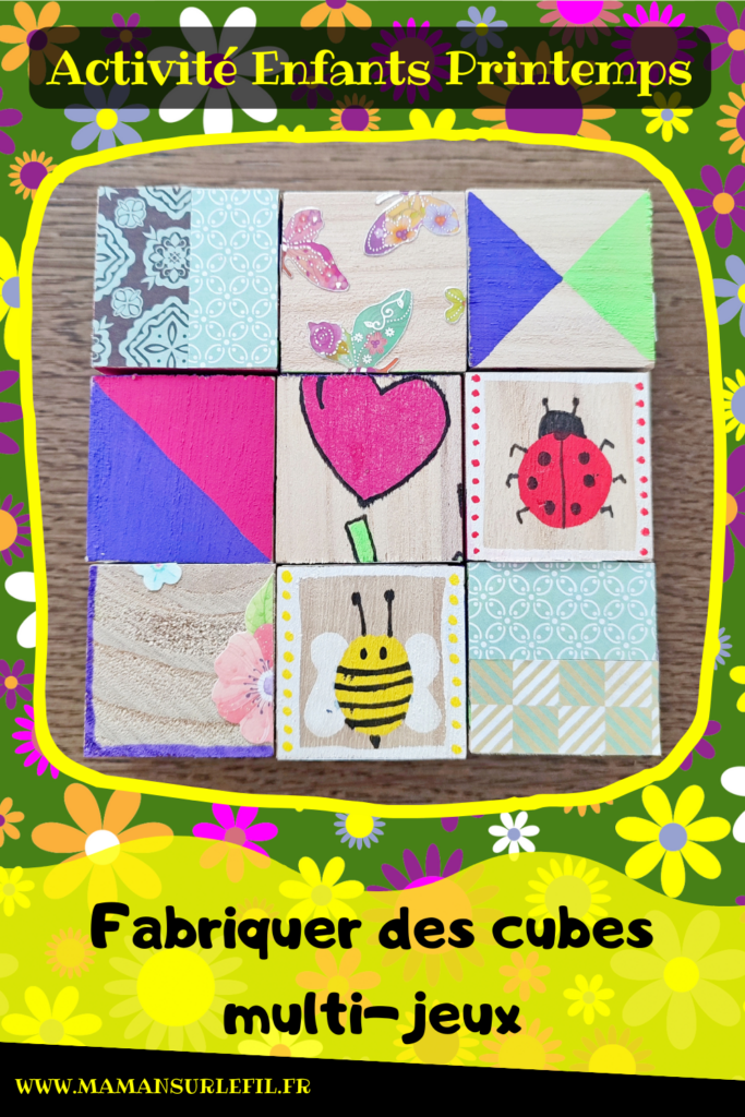 Fabriquer des cubes en bois multi-jeux : activité créative et manuelle enfants - Jeux DIY - Puzzle avec peinture et pochoirs - Morpion Insectes (abeilles et coccinelles) - Tableaux à inventer et imaginer : papiers à motifs ou peinture - Puzzle logique deux niveaux avec gommettes : papillons et fleurs - Jeux faits maison Thème Printemps - Arts visuels et Bricolage - Arts visuels et atelier Maternelle et élémentaire - Créativité - Cycle 1 ou 2 - Matériel chez Creavea - tutoriel photos - mslf