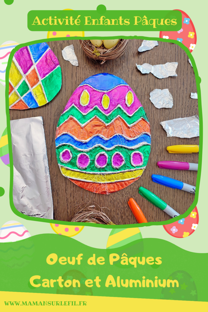 Créer des oeufs de Pâques en carton et aluminium : activité créative, récup' et manuelle enfants - Relief créé sur le carton avec un pistolet à colle chaude - Aluminimu et feutres à alcool permanent pour le coloriage - Effet en relief et brillant - Recyclage, surcyclage - Arts visuels et Bricolage - Thème Pâques et Ferme - Bricolage facile et rapide - Arts visuels et atelier Maternelle et élémentaire - Créativité - Cycle 1 ou 2 - tutoriel photos - mslf