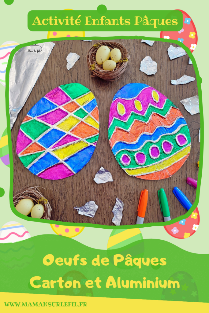 Créer des oeufs de Pâques en carton et aluminium : activité créative, récup' et manuelle enfants - Relief créé sur le carton avec un pistolet à colle chaude - Aluminimu et feutres à alcool permanent pour le coloriage - Effet en relief et brillant - Recyclage, surcyclage - Arts visuels et Bricolage - Thème Pâques et Ferme - Bricolage facile et rapide - Arts visuels et atelier Maternelle et élémentaire - Créativité - Cycle 1 ou 2 - tutoriel photos - mslf