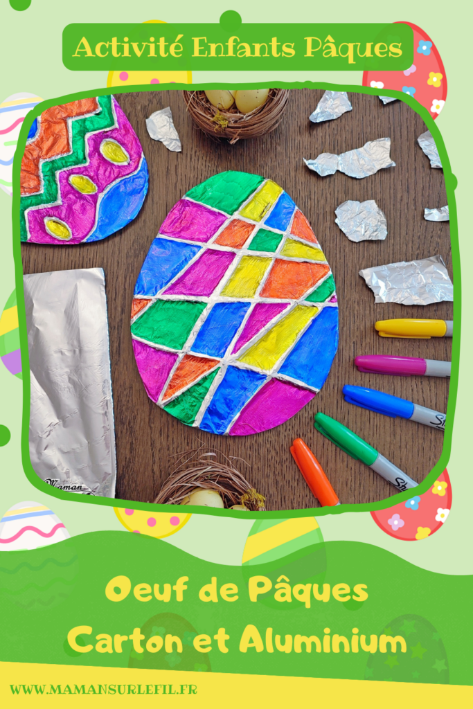 Créer des oeufs de Pâques en carton et aluminium : activité créative, récup' et manuelle enfants - Relief créé sur le carton avec un pistolet à colle chaude - Aluminimu et feutres à alcool permanent pour le coloriage - Effet en relief et brillant - Recyclage, surcyclage - Arts visuels et Bricolage - Thème Pâques et Ferme - Bricolage facile et rapide - Arts visuels et atelier Maternelle et élémentaire - Créativité - Cycle 1 ou 2 - tutoriel photos - mslf