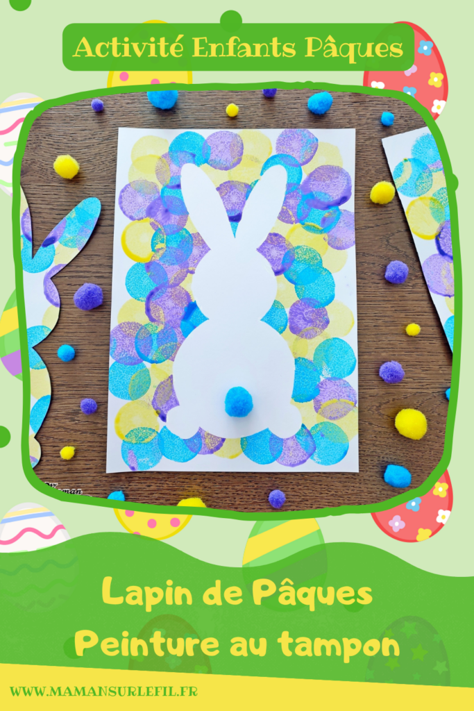 Peindre un lapin et un oeuf de Pâques en peinture au tampon : activité créative et manuelle enfants - Technique de peinture avec un pochoir en papier, de la peinture et des tampons - Silhouette blanche - Pompon pour la queue du lapin - Graphismes noirs pour les décors de l'oeuf de Pâques - Technique de peinture facile et ludique - Arts visuels et Bricolage - Thème Pâques et animaux de la ferme - Bricolage facile et rapide - Arts visuels et atelier Maternelle et élémentaire - Créativité - Cycle 1 ou 2 - tutoriel photos et vidéo - mslf