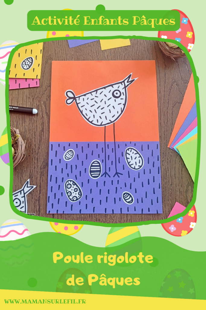 Créer des poules rigolotes de Pâques : activité créative et manuelle enfants - Découpage et collage de papiers colorés - Dessin et graphismes en noir - Contraste entre les couleurs vives du fond et le noir et blanc des poules et oeufs de Pâques - Arts visuels et Bricolage - Thème Pâques et animaux de la ferme - Bricolage facile et rapide - Arts visuels et atelier Maternelle et élémentaire - Créativité - Cycle 1 ou 2 - tutoriel photos - mslf