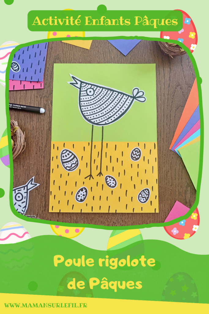 Créer des poules rigolotes de Pâques : activité créative et manuelle enfants - Découpage et collage de papiers colorés - Dessin et graphismes en noir - Contraste entre les couleurs vives du fond et le noir et blanc des poules et oeufs de Pâques - Arts visuels et Bricolage - Thème Pâques et animaux de la ferme - Bricolage facile et rapide - Arts visuels et atelier Maternelle et élémentaire - Créativité - Cycle 1 ou 2 - tutoriel photos - mslf