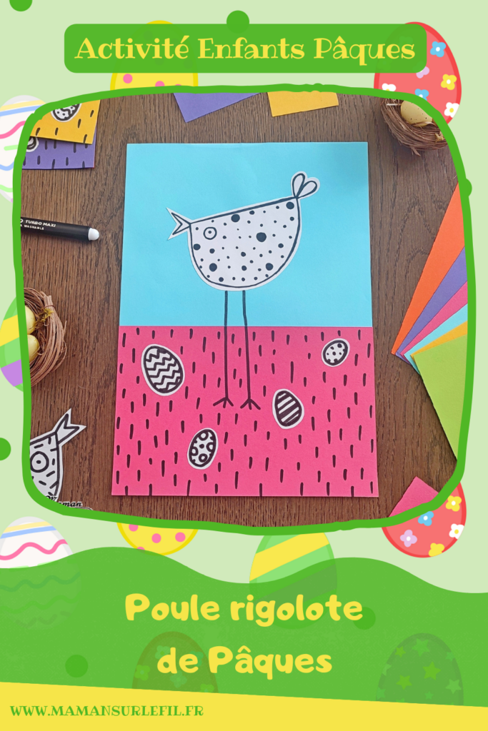 Créer des poules rigolotes de Pâques : activité créative et manuelle enfants - Découpage et collage de papiers colorés - Dessin et graphismes en noir - Contraste entre les couleurs vives du fond et le noir et blanc des poules et oeufs de Pâques - Arts visuels et Bricolage - Thème Pâques et animaux de la ferme - Bricolage facile et rapide - Arts visuels et atelier Maternelle et élémentaire - Créativité - Cycle 1 ou 2 - tutoriel photos - mslf