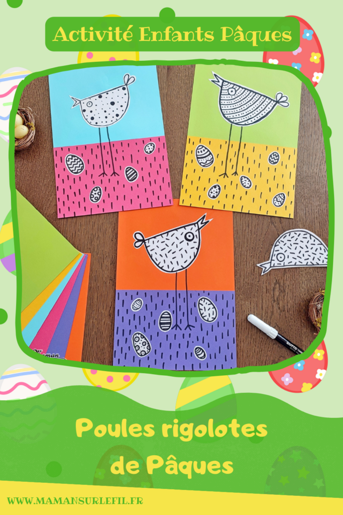 Créer des poules rigolotes de Pâques : activité créative et manuelle enfants - Découpage et collage de papiers colorés - Dessin et graphismes en noir - Contraste entre les couleurs vives du fond et le noir et blanc des poules et oeufs de Pâques - Arts visuels et Bricolage - Thème Pâques et animaux de la ferme - Bricolage facile et rapide - Arts visuels et atelier Maternelle et élémentaire - Créativité - Cycle 1 ou 2 - tutoriel photos - mslf