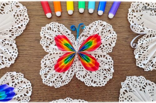 Fabriquer des papillons avec des napperons : activité créative, récup' et manuelle enfants - Version tout blanc ou arc-en-ciel - Coloriage, pliage, collage - Bricolage sympa et rigolo - Arts visuels Maternelle et cycle 2 - Thème Insectes et petites bêtes, jardin, printemps, météo, arc-en-ciel - Arts visuels et atelier Maternelle et élémentaire - Créativité - Cycle 1 ou 2 - tutoriel photos - mslf