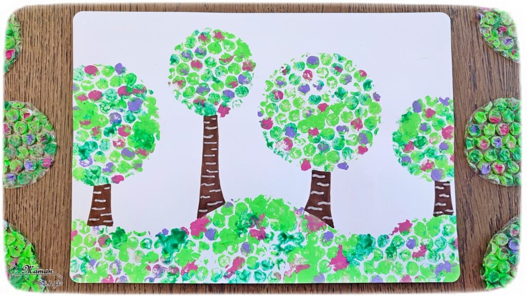 Peindre des arbres de printemps au papier à bulles : activité créative, récup', peinture et manuelle enfants - Découpage cercles, technique de peinture rigolote, dessin - Forêt avec arbre en fleurs - Surcyclage, recyclage - Décoration - Arts visuels et Bricolage - Thème Arbres, forêt, printemps - Bricolage facile et rapide - Arts visuels et atelier Maternelle et élémentaire - Créativité - Cycle 1 ou 2 - tutoriel photos - mslf