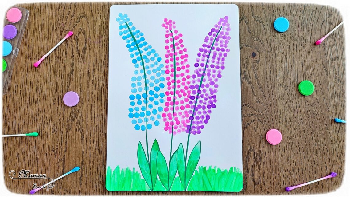 Peindre des jacinthes avec un coton-tige : activité créative, peinture et manuelle enfants - Dessin des tiges et feuilles - Peinture des fleurs avec la technique du pointillisme aux cotons-tiges - peinture de l'herbe et des feuilles au pinceau - Arts visuels et Bricolage - Thème printemps, jardin et fleurs - Bricolage facile et rapide - Arts visuels et atelier Maternelle et élémentaire - Créativité - Cycle 1 ou 2 - tutoriel photos - mslf