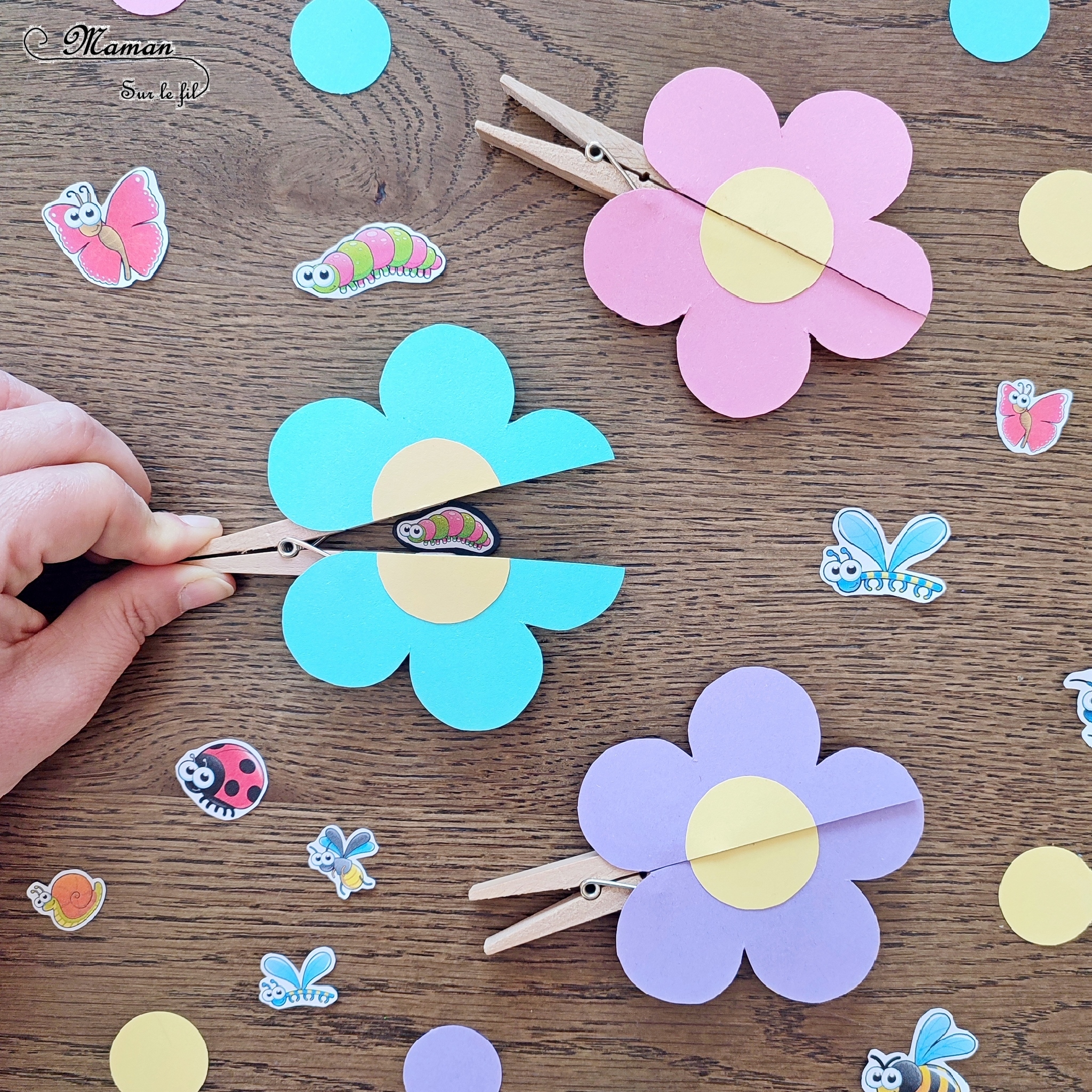 Fabriquer une fleur qui s'ouvre et laisse apparaître un insecte caché : activité créative, rigolote et manuelle enfants - A partir d'une pince à linge et de papier - Découpage, collage - Abeille, coccinelle, chenille - Bricolage sympa et ludique - Travail de la pince Pouce-Index, musculation des doigts, motricité fine - Arts visuels Maternelle et cycle 2 - Thème Insectes et petites bêtes, jardin, printemps, fleurs - Arts visuels et atelier Maternelle et élémentaire - Créativité - Cycle 1 ou 2 - tutoriel photos et vidéo - mslf