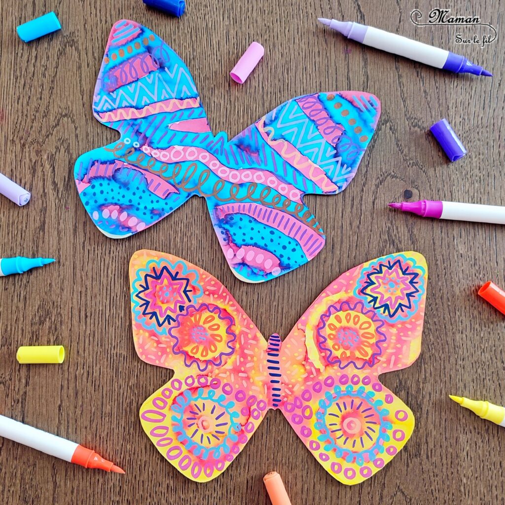 Créer des papillons multicolores en encre et graphismes : activité créative, peinture et manuelle enfants - Colorer le papillon avec de l'encre à dessiner - Suivre les couleurs et décorer avec différents graphismes et couleurs - Effet aborigène graphique - Bricolage sympa et rigolo - Arts visuels Maternelle et cycle 2 - Thème Insectes et petites bêtes, jardin, printemps - Arts visuels et atelier Maternelle et élémentaire - Créativité - Cycle 1 ou 2 - tutoriel photos - mslf