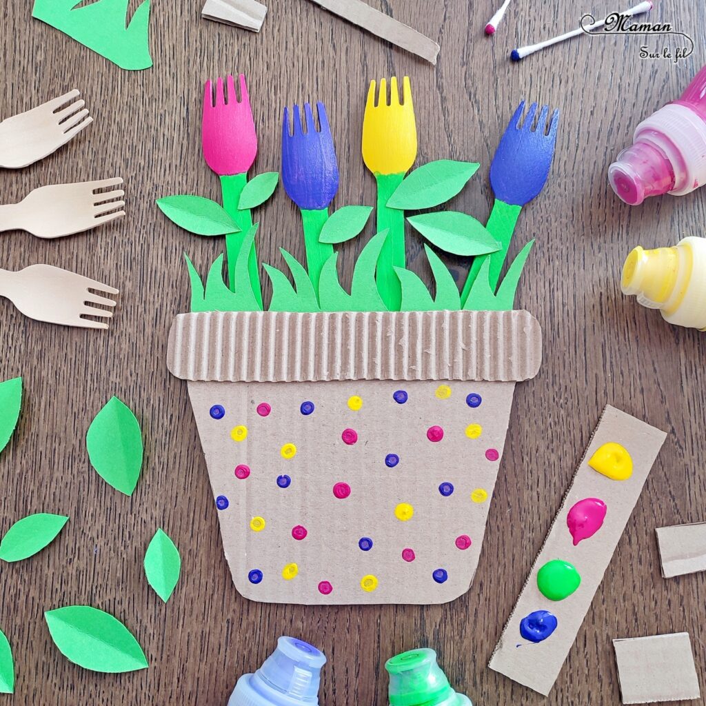 Créer un pot de tulipes avec des fourchettes et du carton : activité créative, récup' et manuelle enfants - Pot fabriqué en récup' de carton classique, ondulé, déchiré - Tulipes faites avec des fourchettes et de la peinture - Découpage, collage - Pointillisme au coton-tige - Surcyclage, recyclage - Décoration - Arts visuels et Bricolage - Thème Fleurs, jardin, printemps et géographie, autour du monde, Pays-bas - Bricolage facile et rapide - Arts visuels et atelier Maternelle et élémentaire - Créativité - Cycle 1 ou 2 - tutoriel photos - mslf