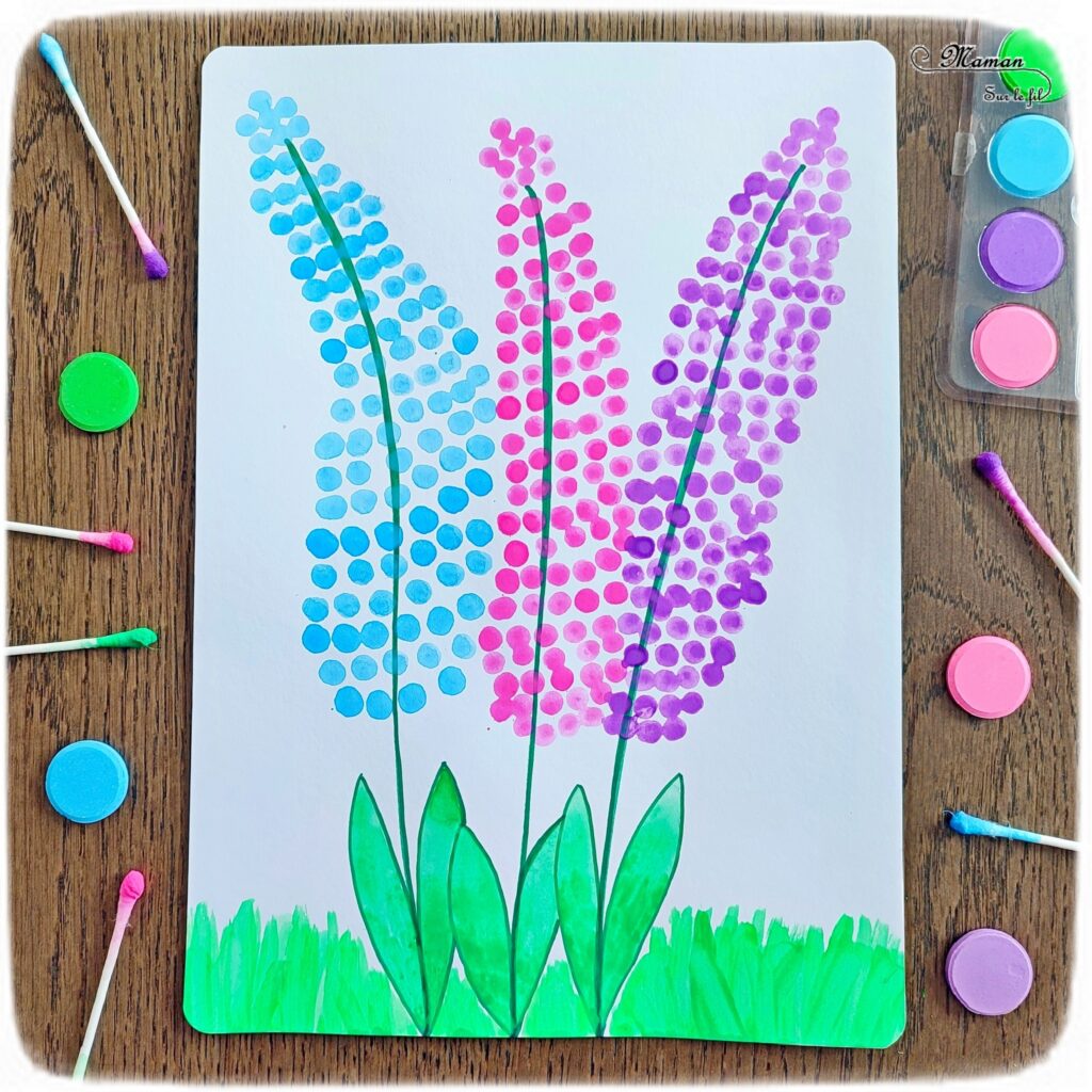 Peindre des jacinthes avec un coton-tige : activité créative, peinture et manuelle enfants - Dessin des tiges et feuilles - Peinture des fleurs avec la technique du pointillisme aux cotons-tiges - peinture de l'herbe et des feuilles au pinceau - Arts visuels et Bricolage - Thème printemps, jardin et fleurs - Bricolage facile et rapide - Arts visuels et atelier Maternelle et élémentaire - Créativité - Cycle 1 ou 2 - tutoriel photos - mslf