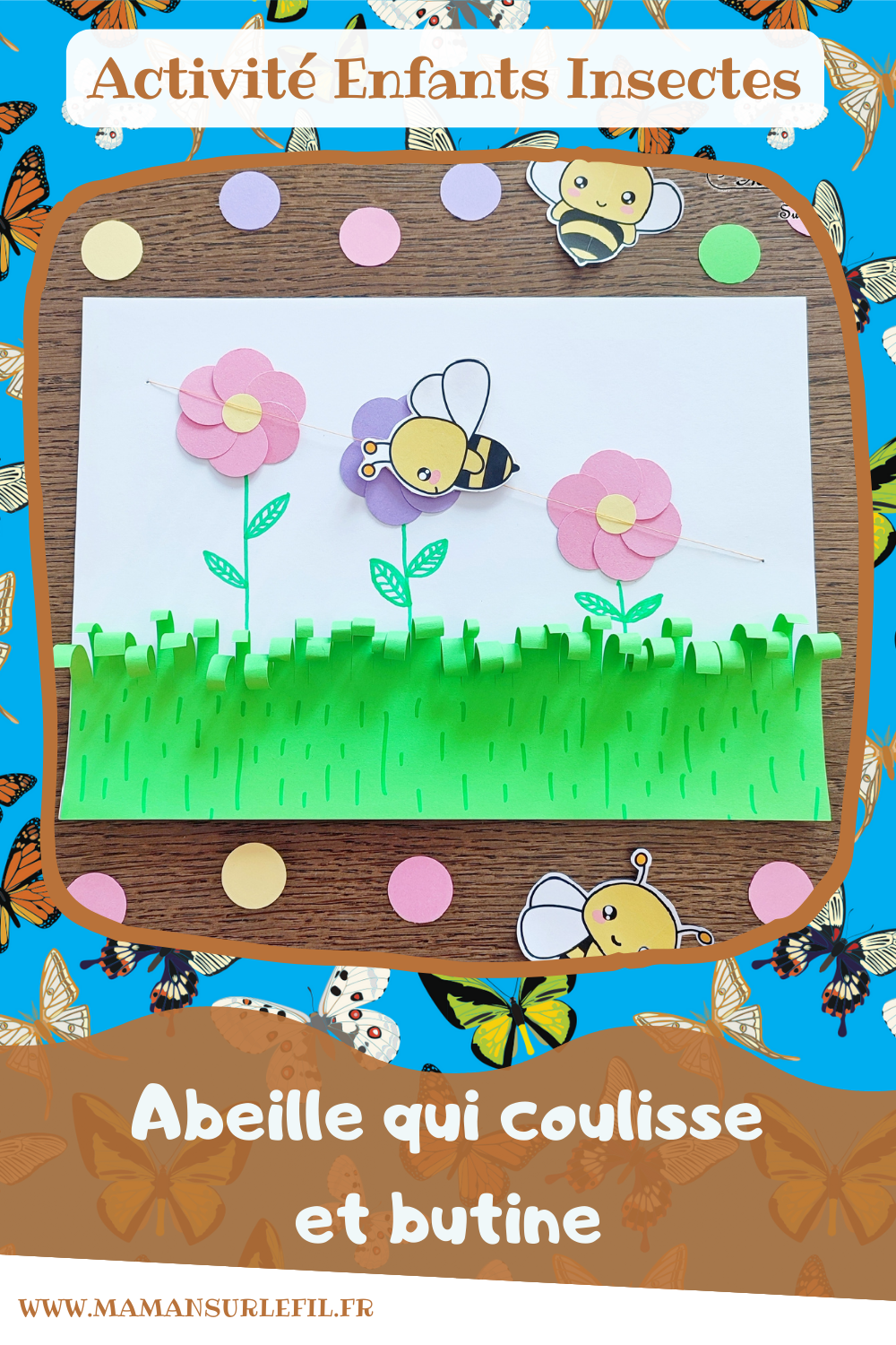 Fabriquer une abeille qui coulisse et butine les fleurs : activité créative, rigolote et manuelle enfants - Perforatrice pour les cercles des fleurs, Herbe avec bandes de papier coupées et roulées - Abeille qui coulisse grâce à un fil que l'on tire au dos - Découpage, collage, dessin - Bricolage sympa et ludique - Arts visuels Maternelle et cycle 2 - Thème Insectes et petites bêtes, jardin, printemps, fleurs - Arts visuels et atelier Maternelle et élémentaire - Créativité - Cycle 1 ou 2 - tutoriel photos et vidéo - mslf